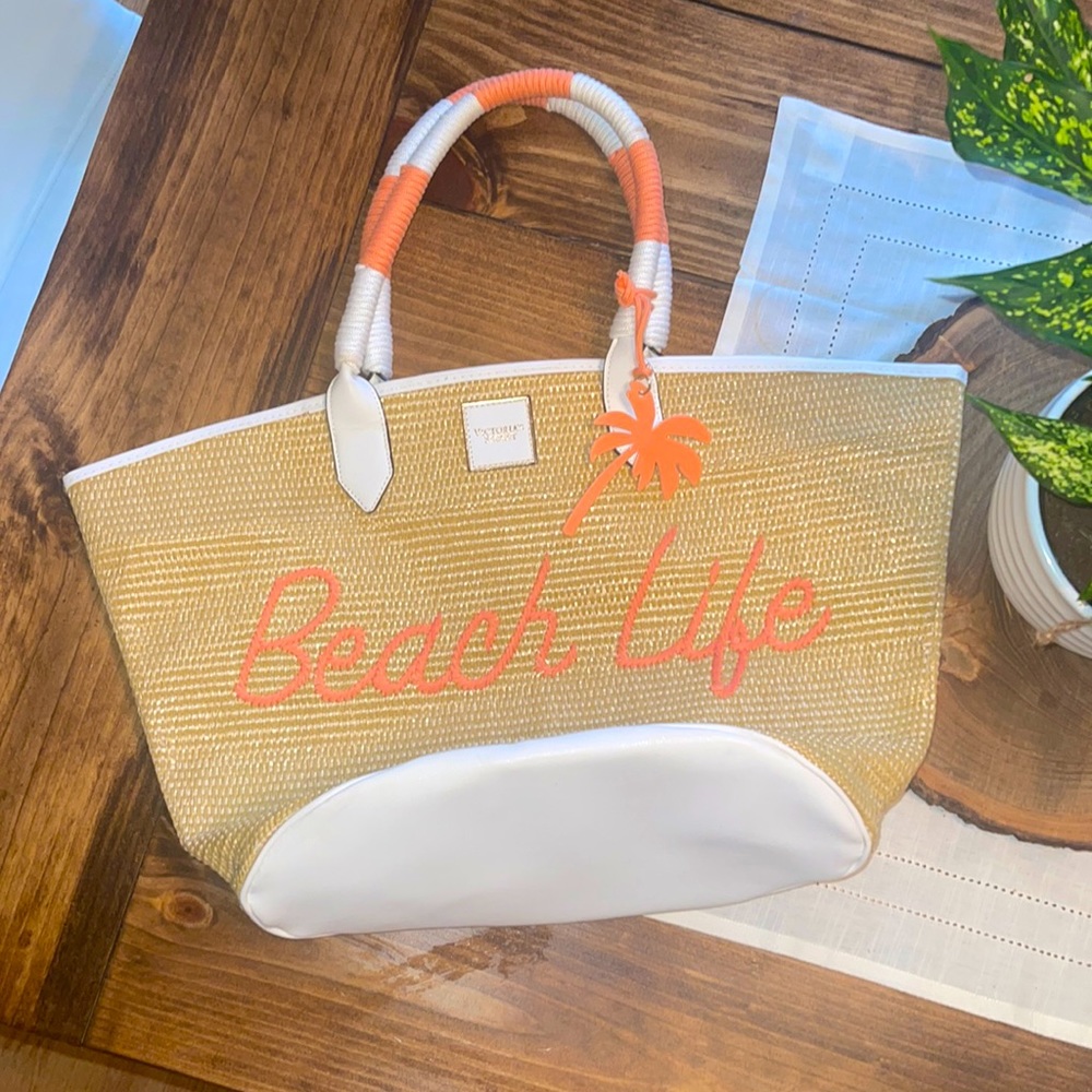 Victoria’s Secret Woven Beach Life Coral Palm Tree Tote